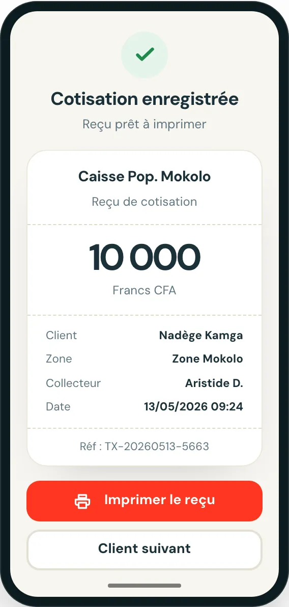 Écran de confirmation ndakti avec le reçu de cotisation prêt à imprimer.